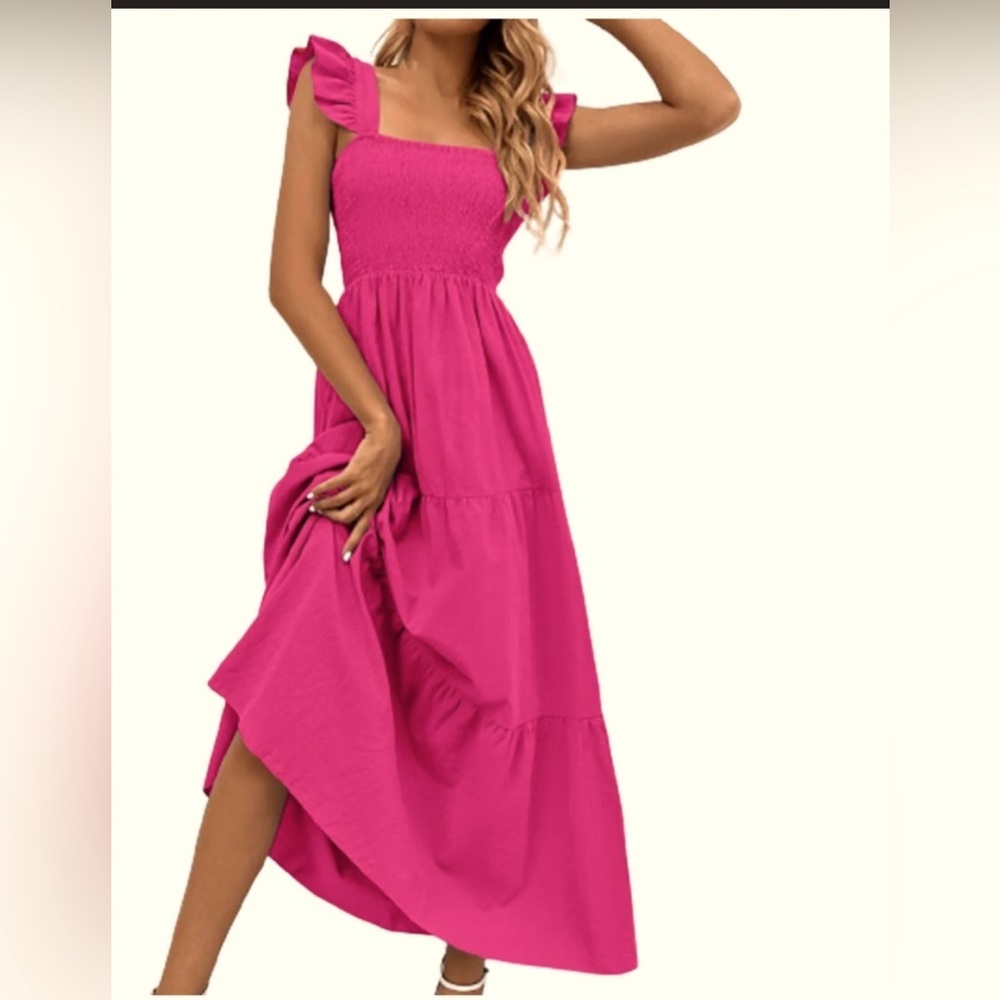 Beyond Words Women’s Hot Pink Backless Tiered Square Neck Midi Dress-Size Large
